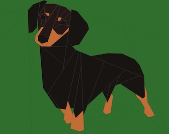 May include: A black and tan dachshund with a long body and short legs, standing on a green background. The dog is looking to the left of the image.