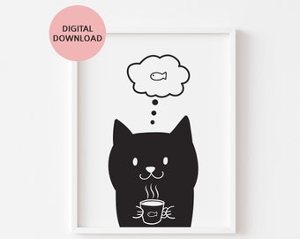 Black Cat Printable Wall Art, Cat Poster, Black & White Cat, Cat Printable, Printable Wall Art Cat Lovers Gift, Nursery Wall Art, Kitten Art
