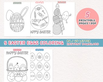 Easter Coloring Pages, 5 Printable Easter Coloring Pages for Kids, Egg Hunt, Easter Eggs Coloring, Easter Party Activity, Easter Crafts, PDF