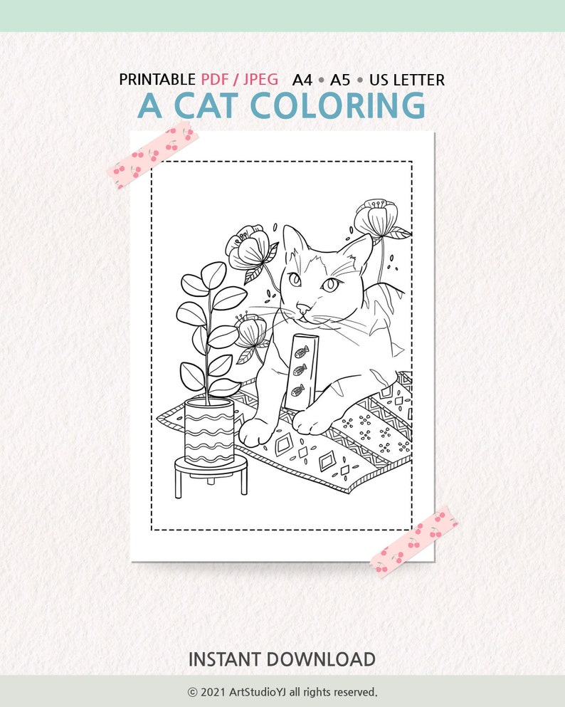 Cat Coloring Page, Cute Cat Coloring PDF JPEG, Printable Coloring Adult