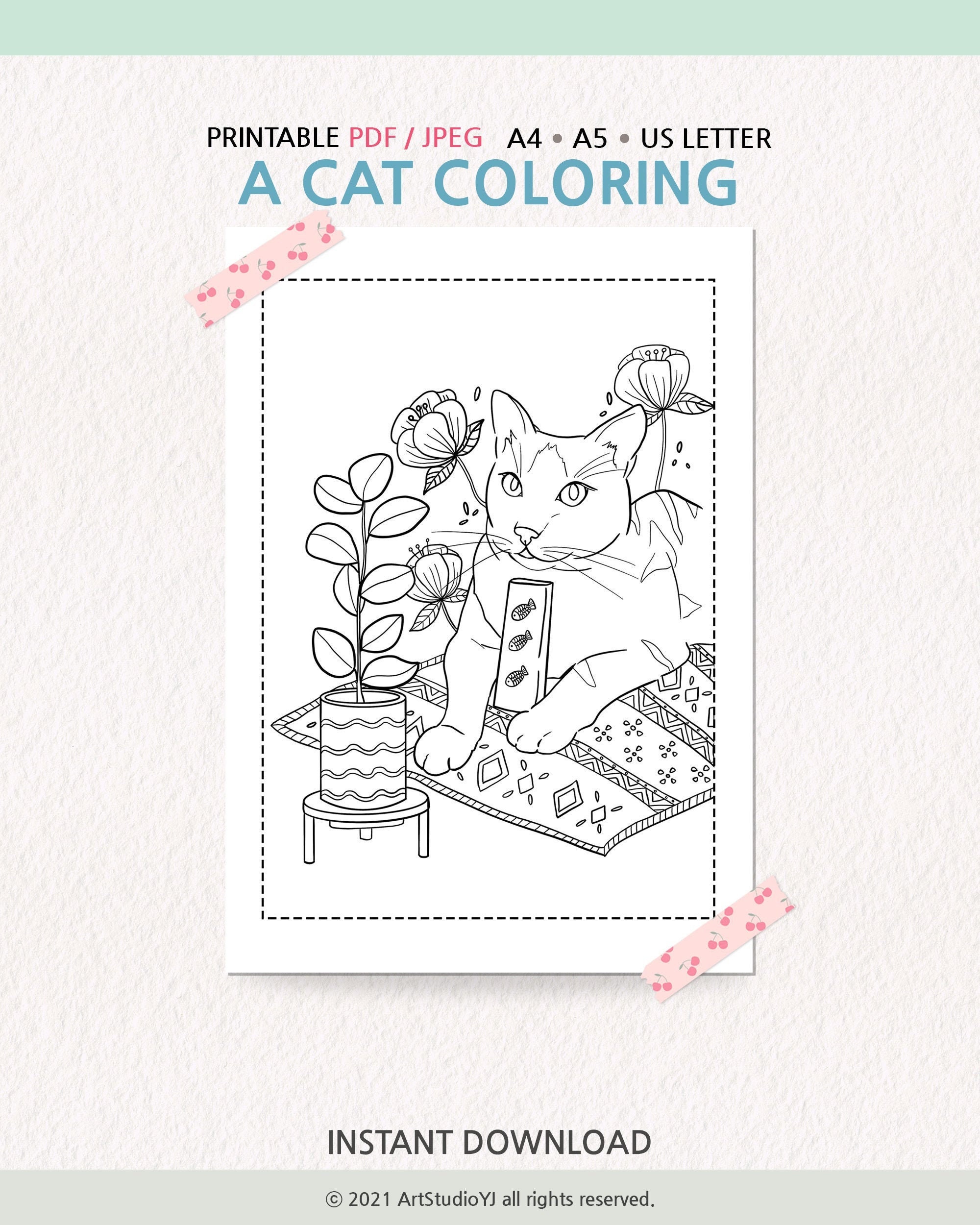 Cat Coloring Page, Cute Cat Coloring PDF JPEG, Printable Coloring Adult