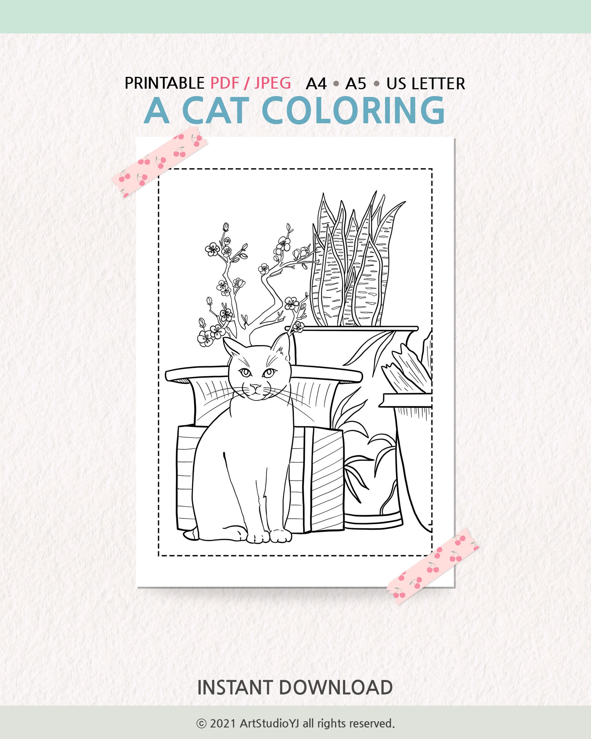 Cat Coloring Page, Cute Cat Coloring PDF JPEG, Printable Coloring Adult
