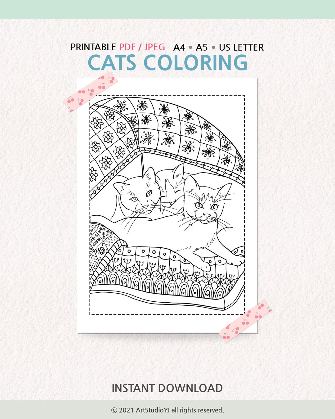 Cats Coloring Page, Cute Cat Coloring Page PDF JPEG, Printable Coloring