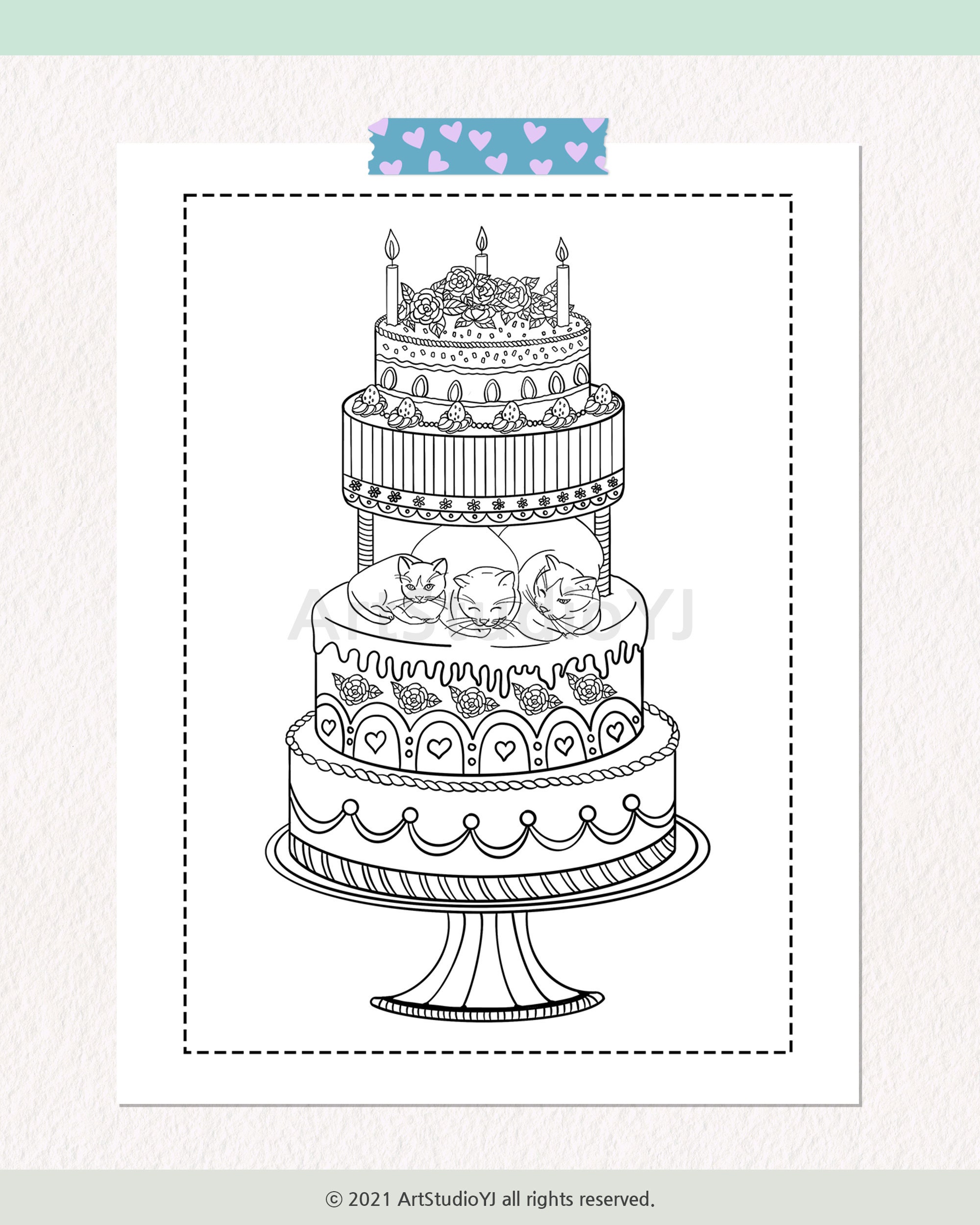 Cats Coloring Page Cake Cute Cat Coloring Page PDF JPEG | Etsy