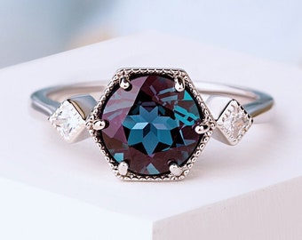 Anillo de alejandrita vintage, vermeil de oro rosa de 24 k, anillo de compromiso, anillo de promesa, anillo de piedra de nacimiento de junio, regalo de aniversario para ella, anillo de promesa
