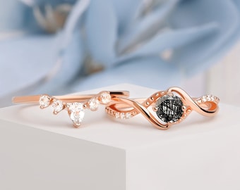 Vintage, Black Ritulated Quartz Engagement Ring set, promise ring, Bridal Ring, Art deco Wedding Ring, Anniversary ring, proposal ring set