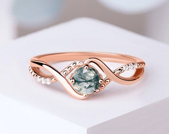 Anillo de ágata de musgo verde de corte redondo, anillo de promesa nupcial, anillo de promesa regalo de aniversario de piedra preciosa verde para ella
