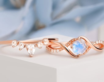 Moonstone ring set,Engagement ring, Wedding ring, Promise ring for her, ring for women, Bridal ring, vintage Set romise ring,