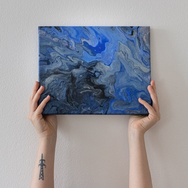 peinture acrylique bleue sur toile WAVES - pouring acrylique abstrait, 30 x 24 cm