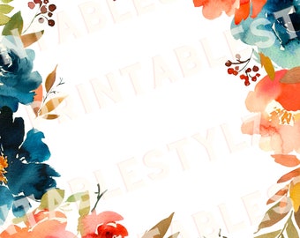 3 Indigo Coral Floral Letter Writing Papers, Stationery Printable, Digital 8.5x11, Unlined Journal Page, Writing Set, Notepaper, Penpal, PNG