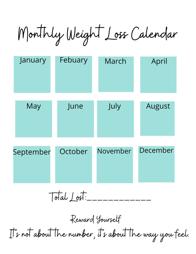 Inches and Weight Loss Calendar Printable, Track Monthly Losses