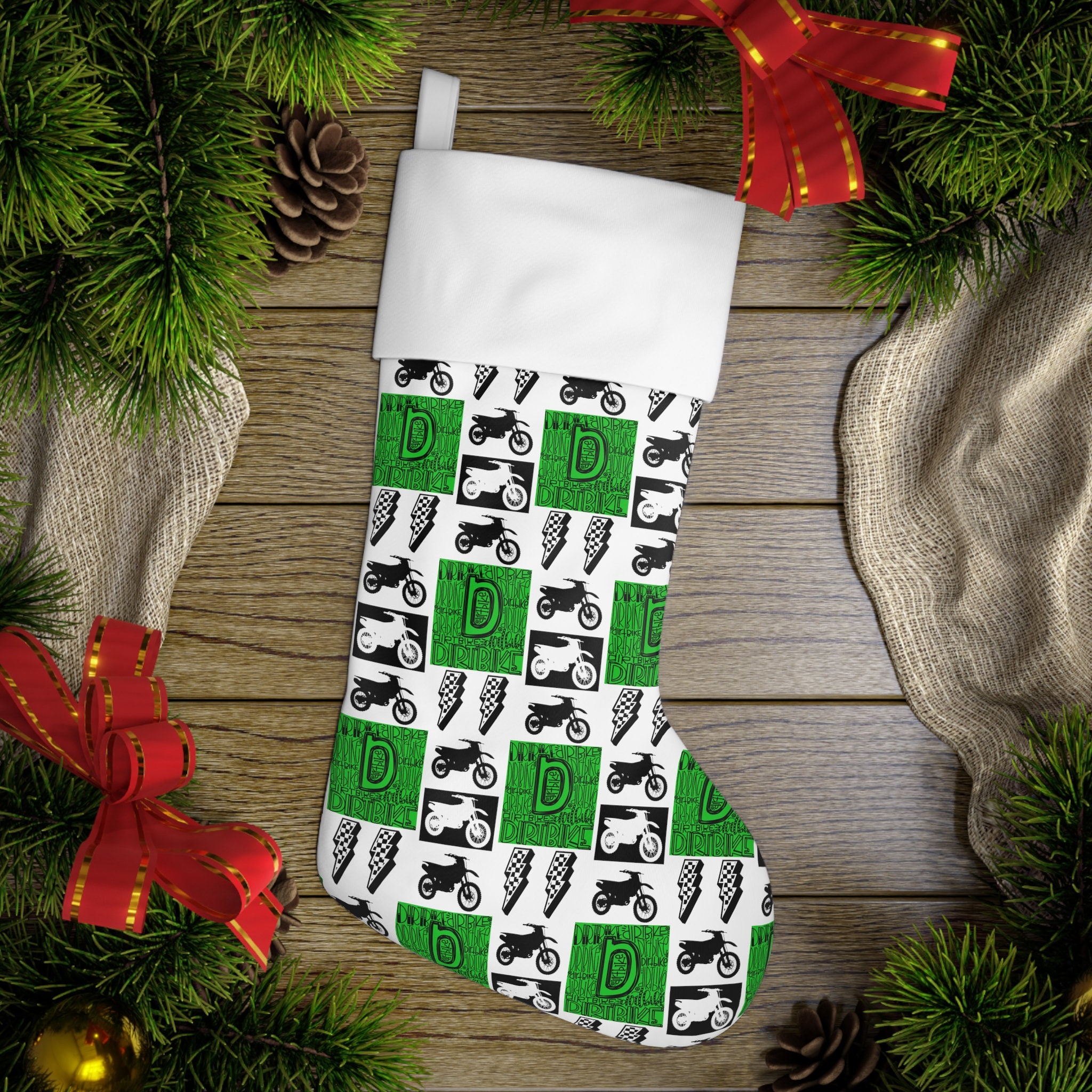 Green Dirtbike Holiday Stocking Motocross Stocking Dirt Bike Etsy