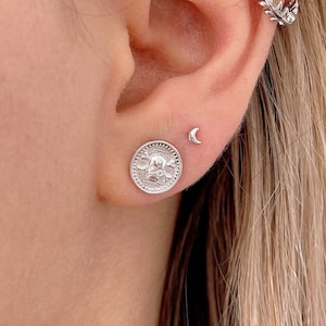 Pendientes unisex de moneda con calavera tallada de Plata de Ley 925, pendientes hipoalergénicos de esqueleto, joyería gótica