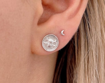 Pendientes unisex de moneda con calavera tallada de Plata de Ley 925, pendientes hipoalergénicos de esqueleto, joyería gótica