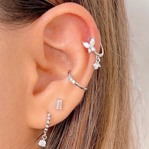 Butterfly hoop earring, Sterling Silver cartilage earring, Lilac white black turquoise helix piercing, Cz dangle charm hoop, huggie earring