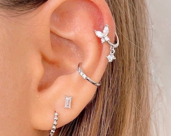 Butterfly hoop earring, Sterling Silver cartilage earring, Lilac white black turquoise helix piercing, Cz dangle charm hoop, huggie earring