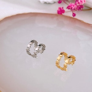 Ear cuff helix de estrellas en Plata de Ley 925 y baño de Oro, clip de oreja, aretes de estrellas para cartílago sin perforación