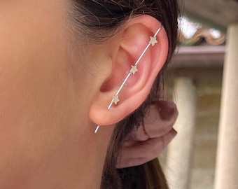 Sterling Silver Ear Climber Earrings, Ear Pin Earrings, Edgy Pin Hook  Ear Cuff, Modern Cane Ear Climber, ear crawler