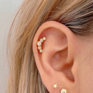Piercing media luna de circonitas, pendiente con cierre de bolita en Plata de Ley 925 y baño de Oro, pendiente de cartílago, pendiente helix