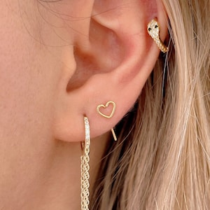 Heart open hoops in Sterling Silver, Gold plated heart pull through earring, love heart huggies, heart outline wire earring, valentines gift