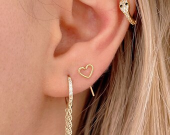 Heart open hoops in Sterling Silver, Gold plated heart pull through earring, love heart huggies, heart outline wire earring, valentines gift