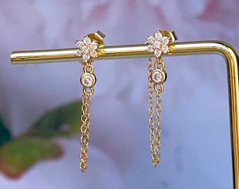 CZ flower chain earrings, 925 Sterling Silver and Gold Plated stud earrings, dangle earrings, dainty flower earrings, gift for her