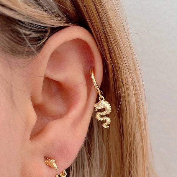 Unisex dragon hoop earrings, Sterling Silver dragon earrings for men, Gold plated dragon huggie hoop earrings for women, dragon jewelry