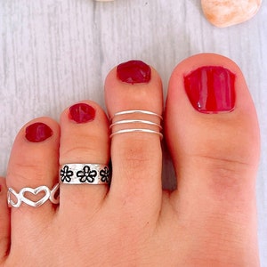Boho triple band adjustable toe ring, Sterling Silver 925 wide band midi ring, unisex knuckle open ring, pinky ring, summer foot jewelry 画像 5
