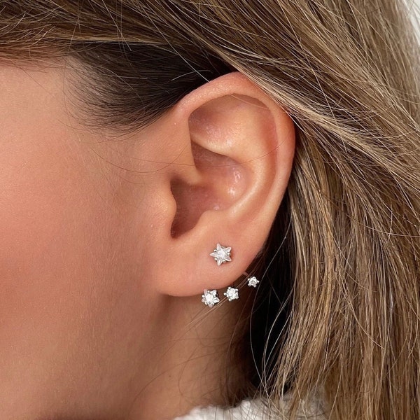 Star ear jacket earrings, 925 Sterling Silver and Gold plated huggie earrings, double sided earrings, ear climber, CZ front back earrings