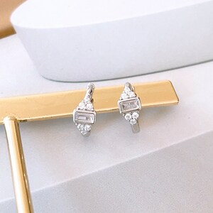 Sterling Silver Clear Cz Baguette 12mm Huggie Hoop Earrings main image 0