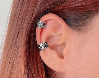 Ear Cuff con tallado estilo cadena, pendiente sin perforación unisex en Plata de Ley 925 oxidada, clip de oreja, piercing falso