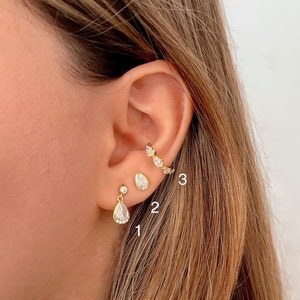Elegant CZ Earring Set, 925 Sterling Silver Conch Earring, Green Teardrop Earrings for Multiple Piercings, Pink Ear Stack, Dangle Earring