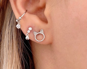 Clous d'oreille tête de chat avec zircone cubique, véritable clou d'oreille de chat en argent sterling, cadeau pour amoureux des chats, boucle d'oreille drôle de maman chat, bijoux pour chat