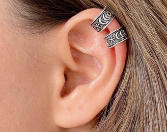 Boho Helix Ear Cuff no piercing in 925 Sterling Silver, Fake Helix piercing, Earring cuff, Moon and star clip on earring, Helix Earring