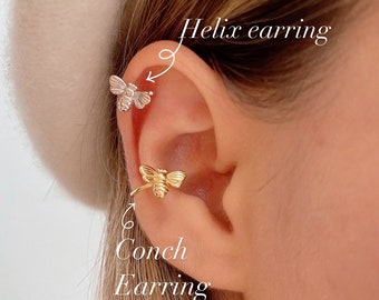 Bee ear cuff, Helix earring, Fake piercing in 925 Sterling Silver and Gold plated, Bee conch earring, Conch ear cuff, clip on earrings