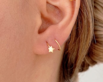 Star Spiral Ear Piercing, Star Huggie Earrings, Sterling