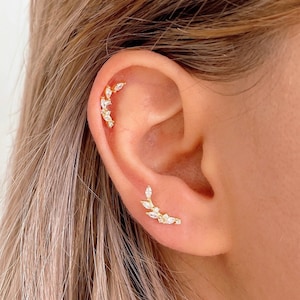 Sterling Silver 18G helix piercing, Marquise Cz leaf shaped cartilage piercing, Gold plated inner conch piercing, climber screw back earring