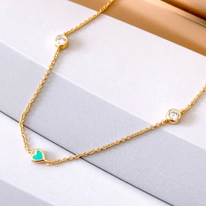 Tiny blue enamel heart choker necklace, 18K Gold plated 925 Silver thin chain necklace, minimal cz layered necklace for women, gift for her