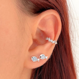 Orecchini a bottone a forma di pesce con zirconia cubica blu, orecchini a bottone a forma di pesce in argento sterling 925 per donna, piccoli orecchini a bottone a forma di pesce per ragazze, regalo per amanti dei pesci, regalo per veterinario