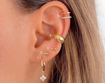 Amore Earring set in Sterling Silver, helix earring, conch ear cuff, arrow stud earrings, heart earring, CZ flower Gold plated hoops