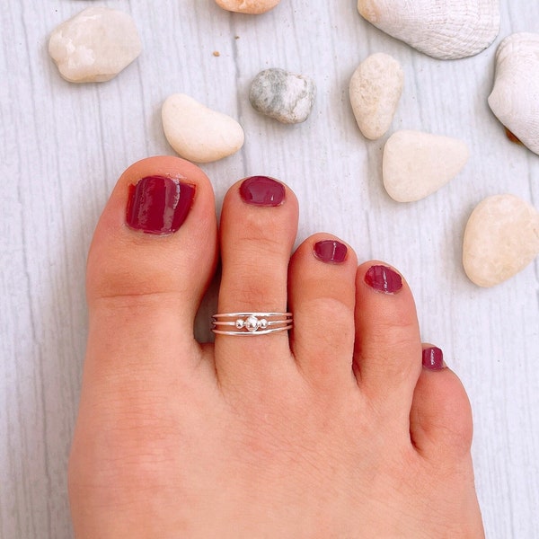 Sterling Silver 925 triple band adjustable toe ring, Unisex silver bead midi ring, knuckle ring, minimalist wide ring,  dainty open ring