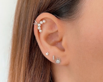 Ear cuff de perlas para cartílago sin perforación de Plata de Ley 925 y baño de Oro, pendiente helix, arete de perlas, clip de orejas