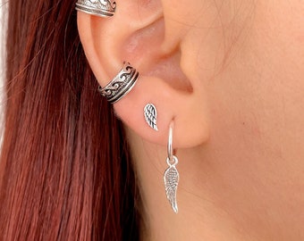 Uniseks engelvleugeloorbel, sterlingzilver, 12 mm diameter eindeloze hoepel met vleugelbedel, helixpiercing voor vrouwen en voor mannen, helixring