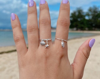 Boho thin band dangle charm ring, Sterling Silver dangling charm ring, seashell ring, starfish ring, scallop shell ring, gift for sea lovers