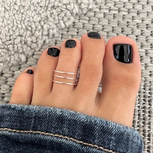 Boho triple band adjustable toe ring, Sterling Silver 925 wide band midi ring, unisex knuckle open ring, pinky ring, summer foot jewelry 画像 1