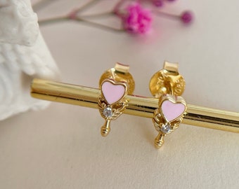 Sailor Moon heart earrings, Gold plated tiny pink heart earrings, lolita earrings, magic wand stud earrings, japanese anime jewelry, kawaii