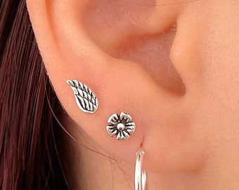 Boho flower studs, oxidized Sterling Silver small flower earring, tiny flower post earring for women and girls, flower jewelry, gift for her