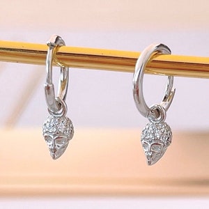 Tiny detachable goth cz skull dangle charm huggie hoop earring, punk Sterling Silver unisex skull cartilage hoop, Gold plated helix ring