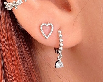 Beaded huggie hoop earrings, cz drop earrings, ball huggie earrings, Sterling Silver charm earrings, cz dangle earrings, tiny hoop earrings