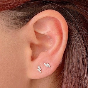 Zirconia Mini Lightning Bolt stud earrings in 925 Sterling Silver and Gold plated, dainty earrings, tiny stud earrings for women and girls